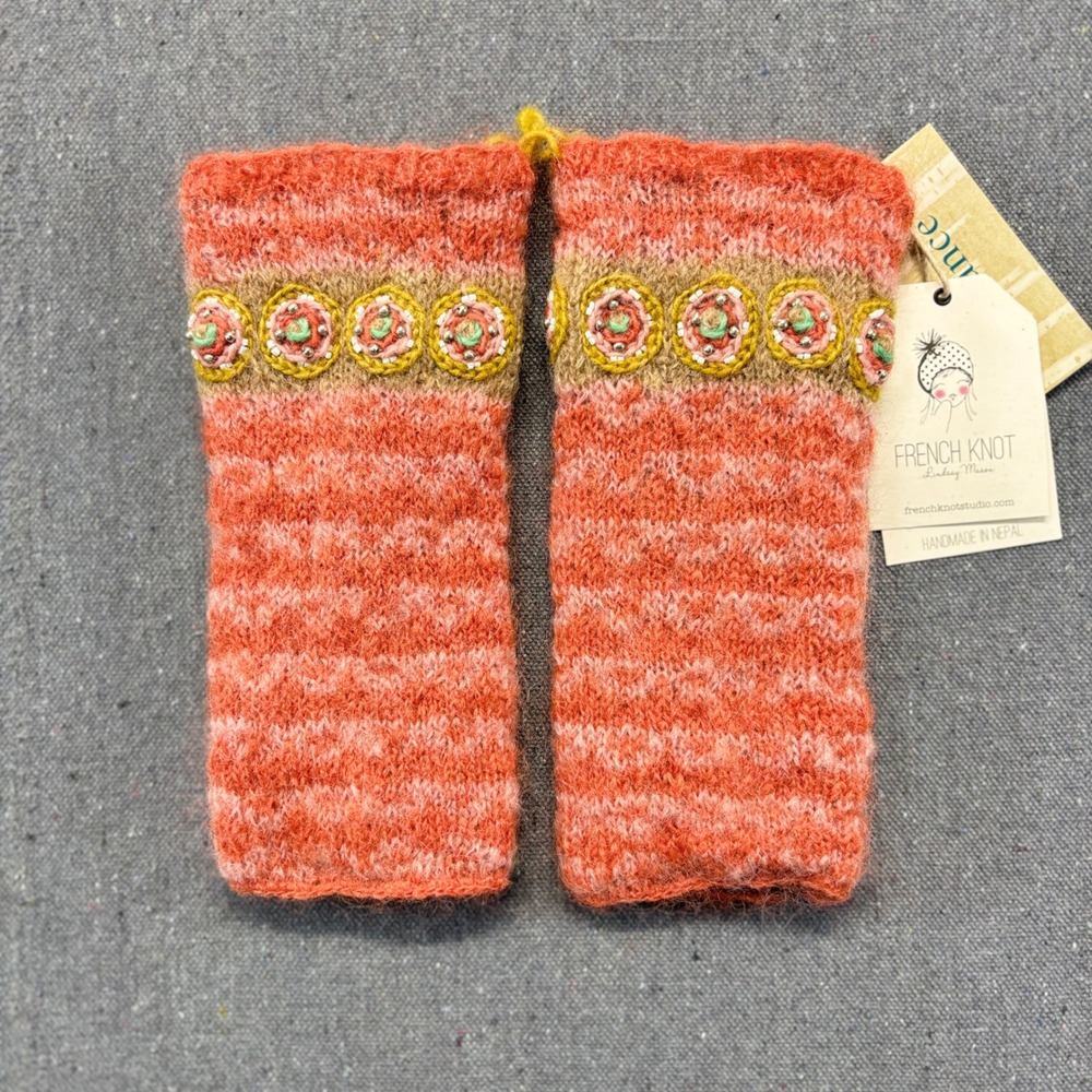 French Knot Hand Knit Wool Embroidered Beaded Hand Warmer Gloves Coral NWT